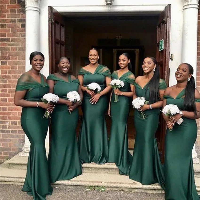 

Dark Green African Off Shoulder Satin Mermaid Bridesmaid Dresses Long Ruffles Plus Size Wedding Guest Gowns Maid Of Honor Dresse