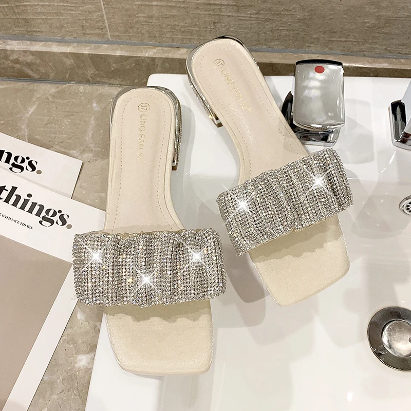 

Shoes Med Slippers Soft Luxury Slides Shallow Square heel Jelly Flip Flops Slipers Women Female Tap Comfort Designer Block Glitt