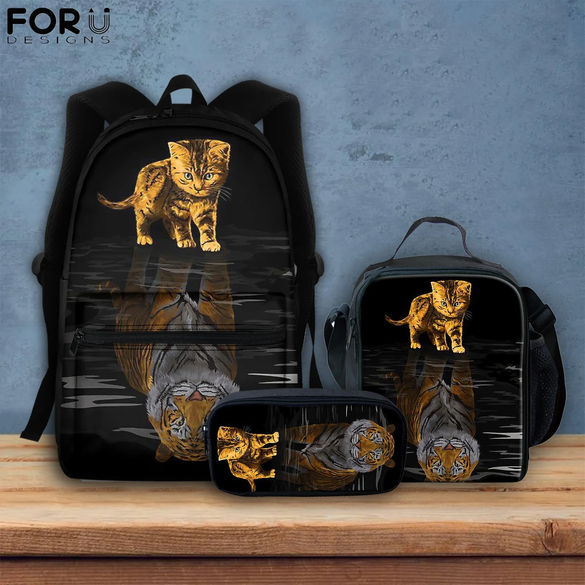 

FORUDESIGNS 3D Cat and Tiger Print Teenagers Student Schoolbags Set School Backpack for Teen Boys Large Capacity Satchel Daypack