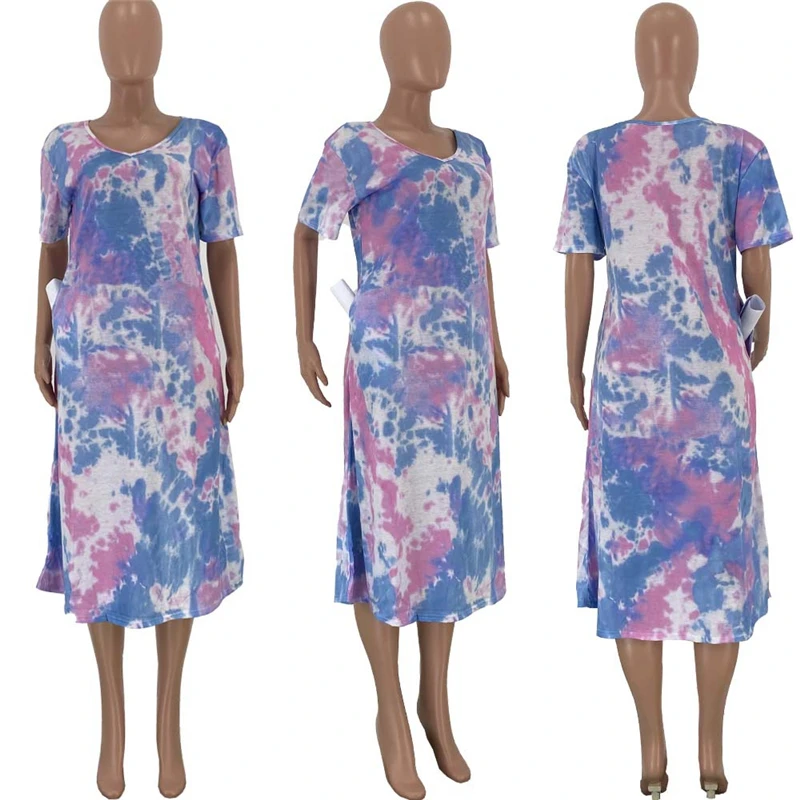 

Summer Woman Dress Sexy V Neck Short Sleeve Loose Casual Dresses with Pocket Streetwear Tie Dye Dress Wholesale Dropshipping