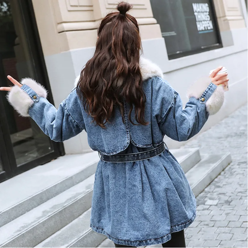Зимняя женская теплая джинсовая куртка из овечьей шерсти модное длинное пальто с