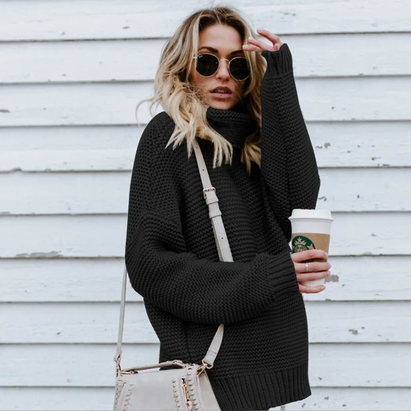 

2021 autumn and winter new European and American women's temperament explosion style long sleeve high neck pullover sweater