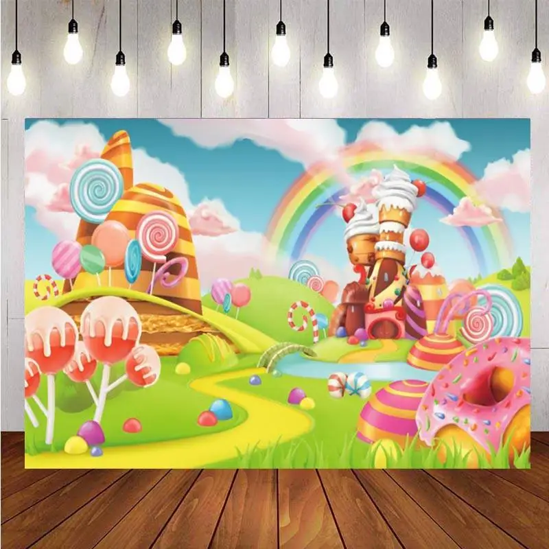 

Lollipop Donuts Photo Backdrop Ice Cream Candy Rainbow Baby Shower Birthday Party Girls Photography Background Banner Prop