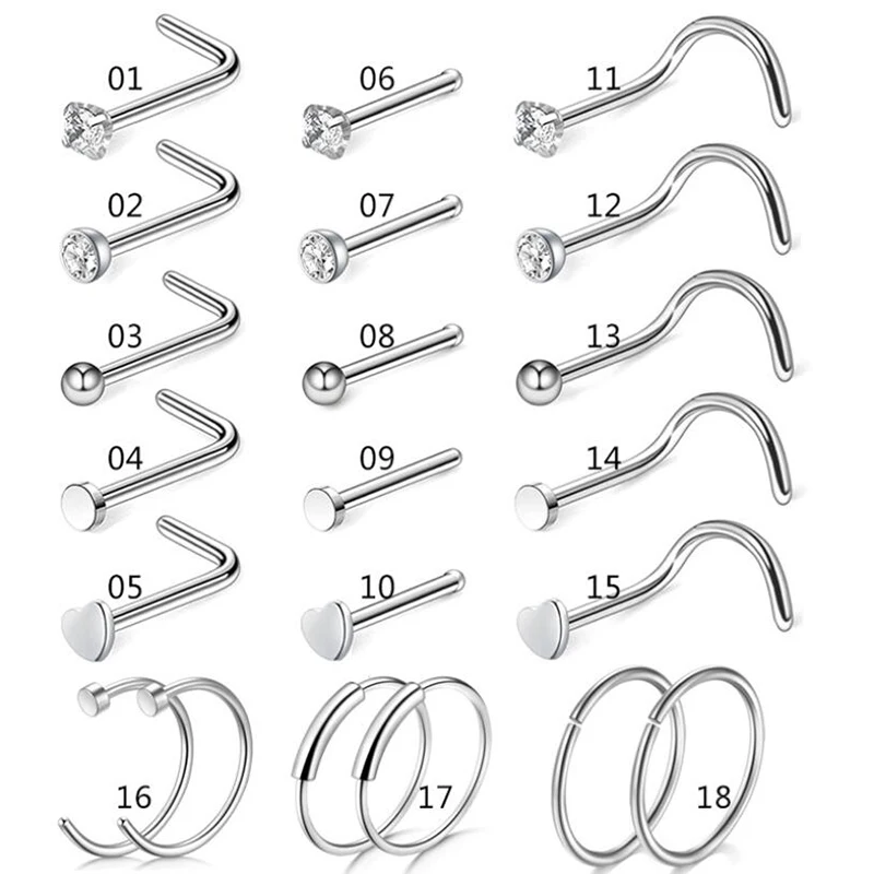 

5/9/21Pcs 20G Nose Studs Stainless Steel Steel Nostril Studs Screws Nose Ring Hoop Body Piercing Silver Color Heart Nose Stud