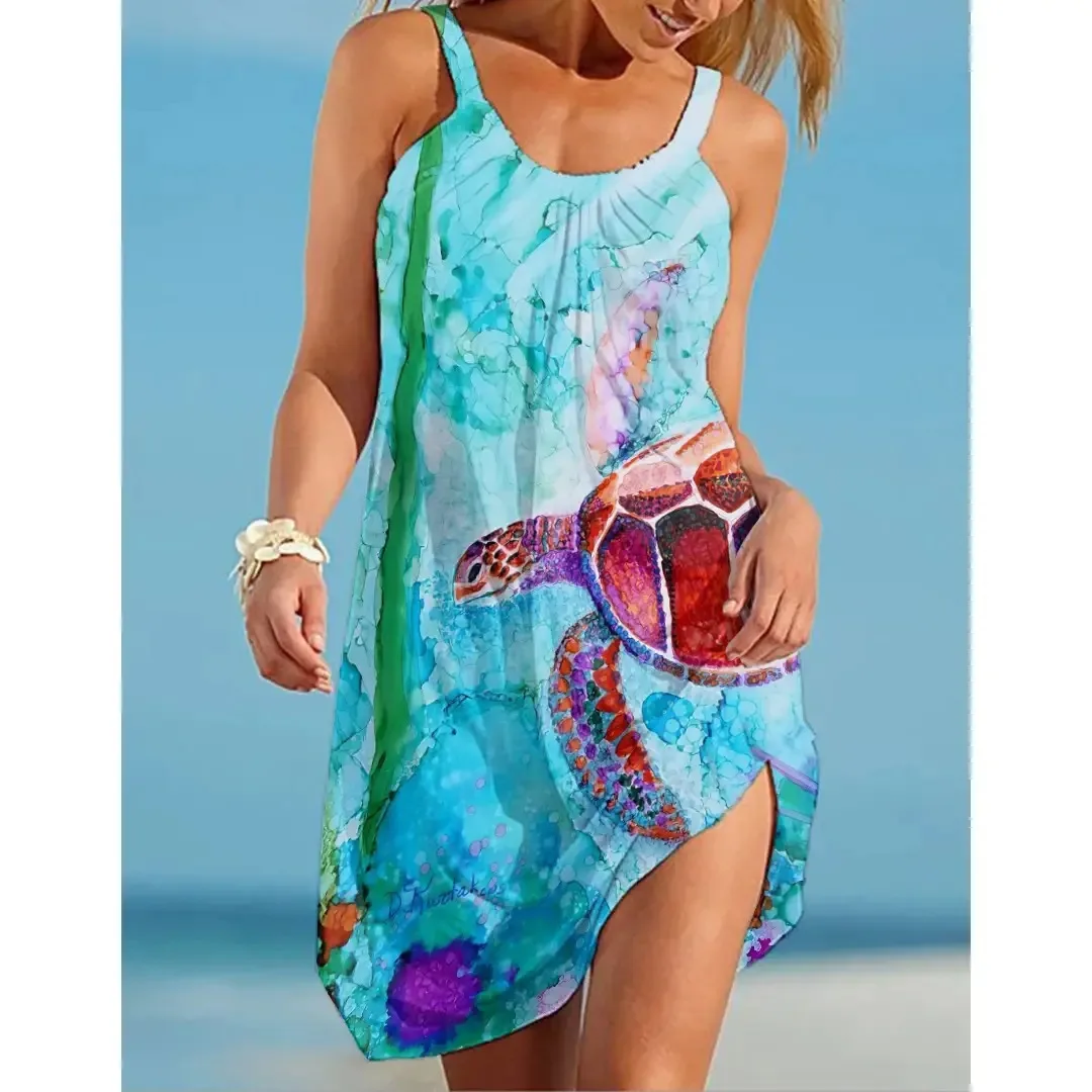 

Sea Turtle Print Sexy Beach Dress Women Fashion Bohemian Boho Girl Party Dresses Evening Women Clothes Camisole Sleeveless Dress