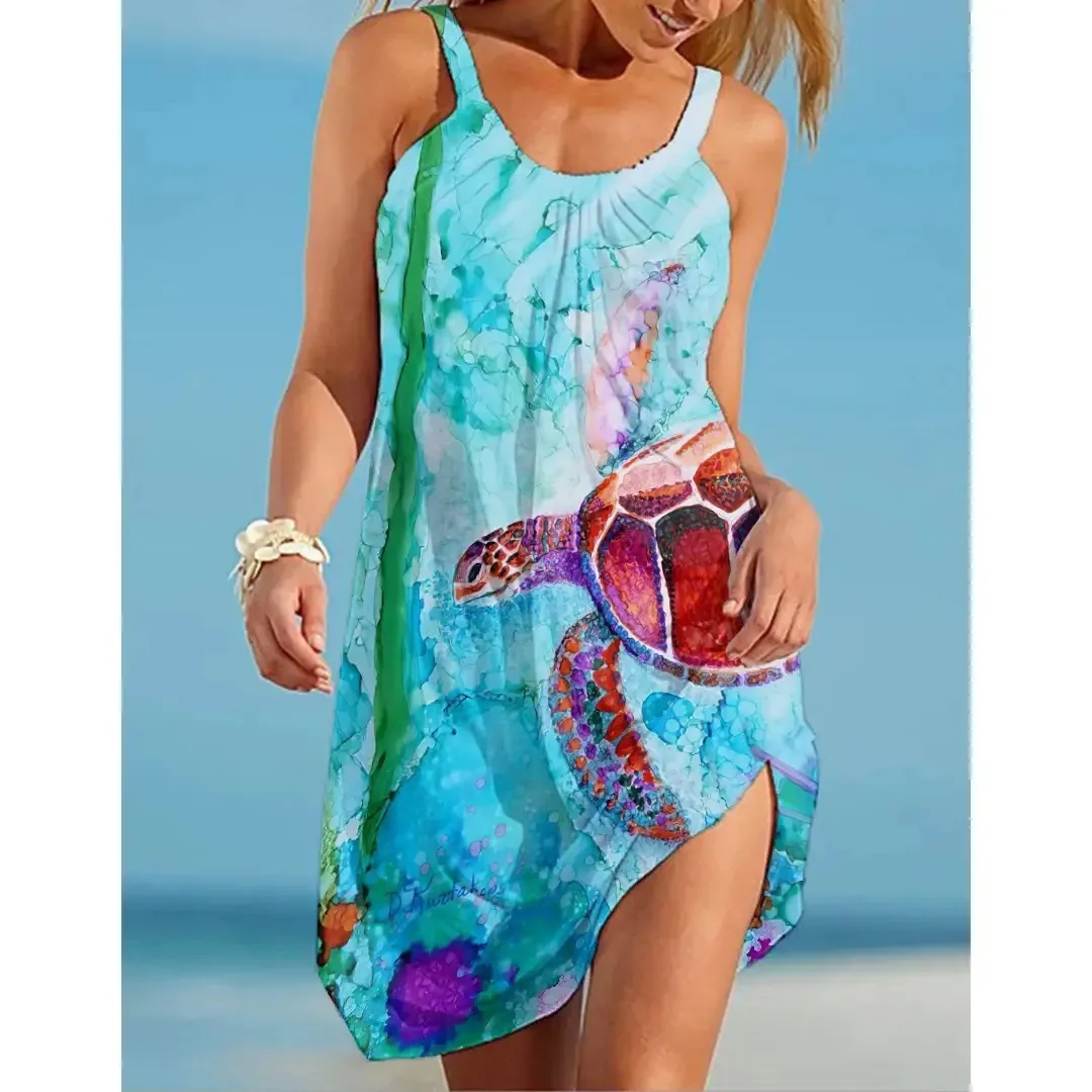 Фото Сексуальное пляжное платье с принтом морских черепах женское модное богемное