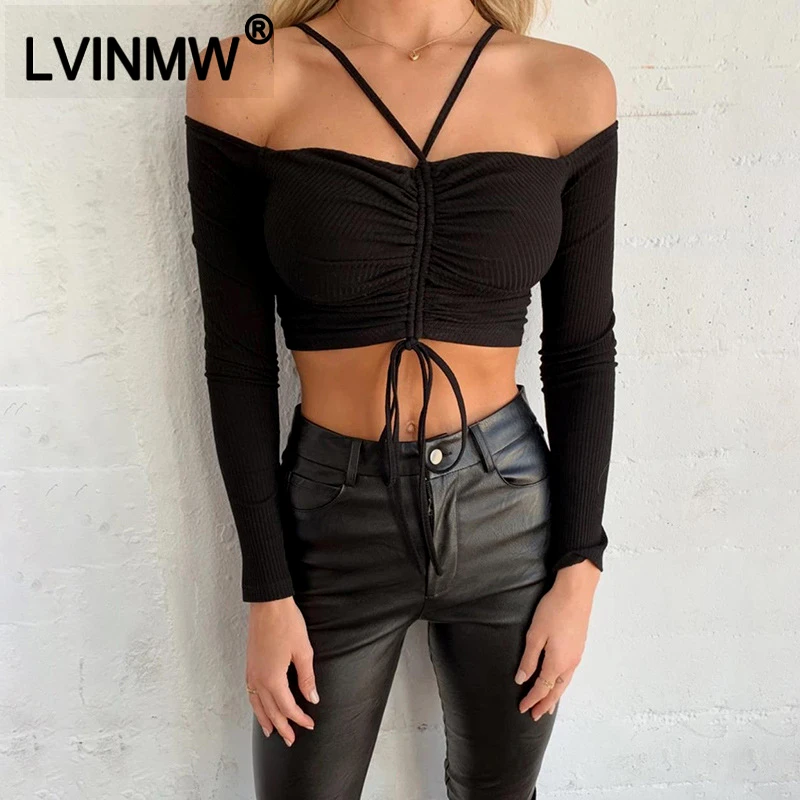 Женская футболка LVINMW черная облегающая на шнурках с бантом вырезом лодочкой и