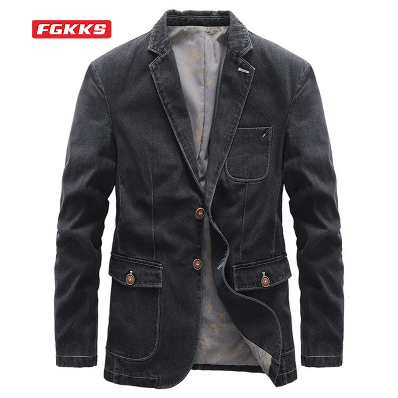 FGKKS 2021 Spring Autumn Denim Jackets Men 2 Color Handsome Streetwear Business Casual Coats Denim Jacket For Men