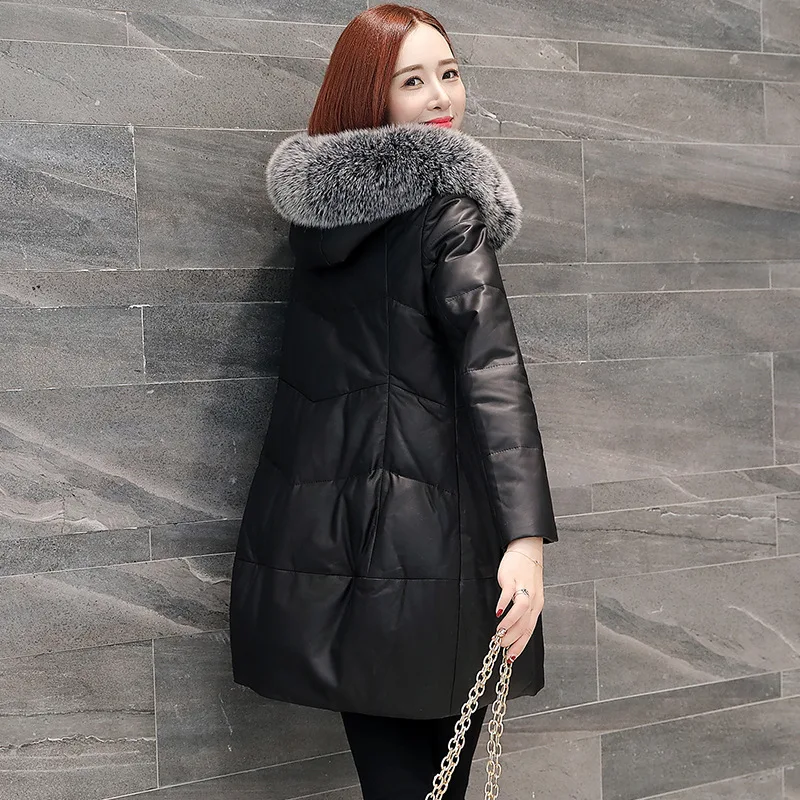 Plus Size Women Real Fox Fur Collar Genuine Leather Trench Coat Long