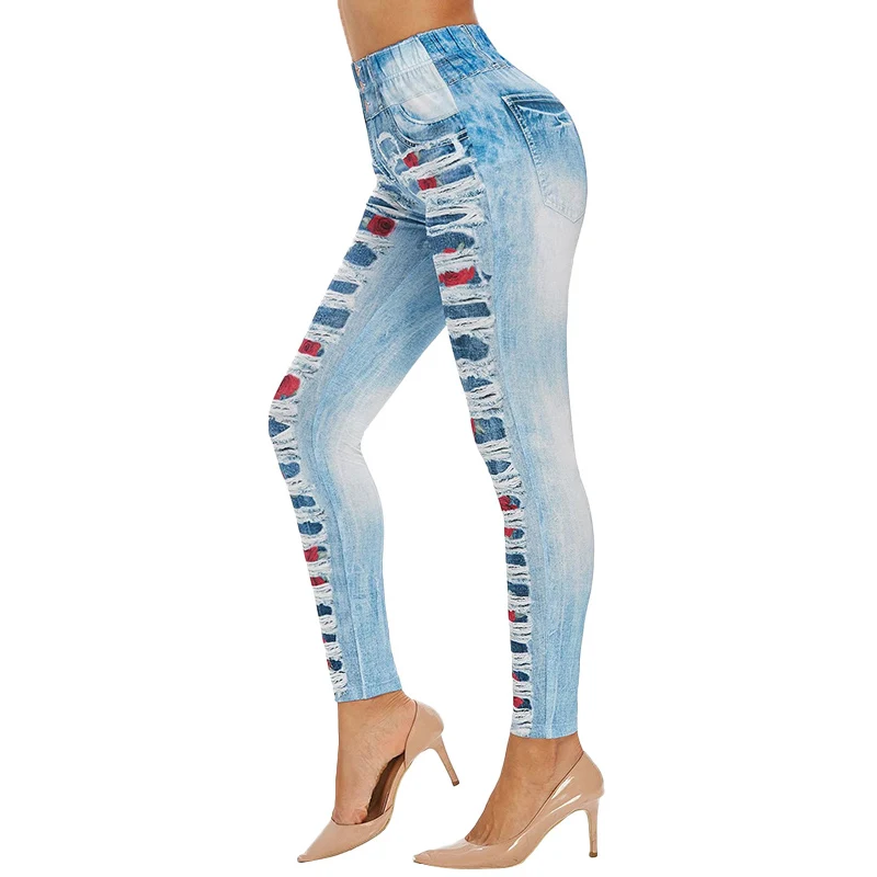 Рваные обтягивающие джинсовые джеггинсы с принтом розы штаны леггинсы высокой