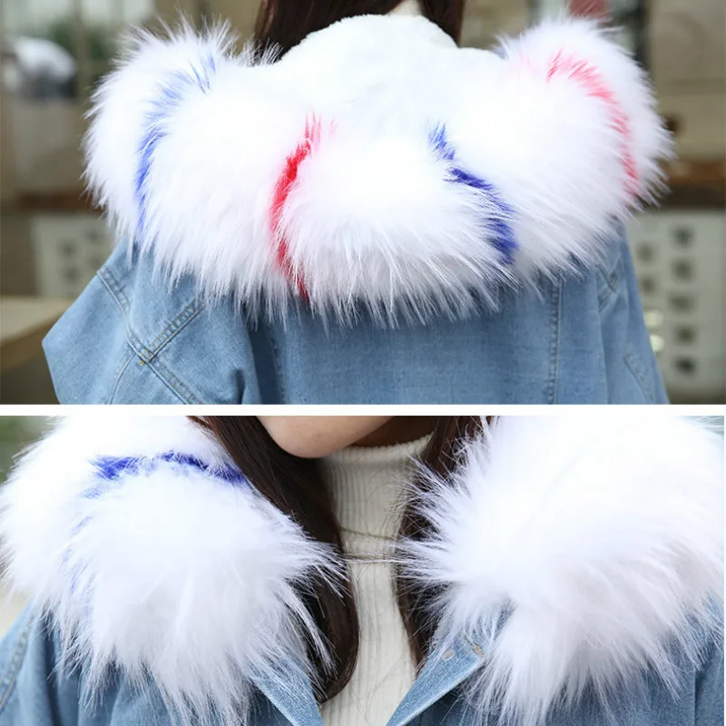 Женская джинсовая куртка GareMay бархатная с большим меховым воротником теплая для