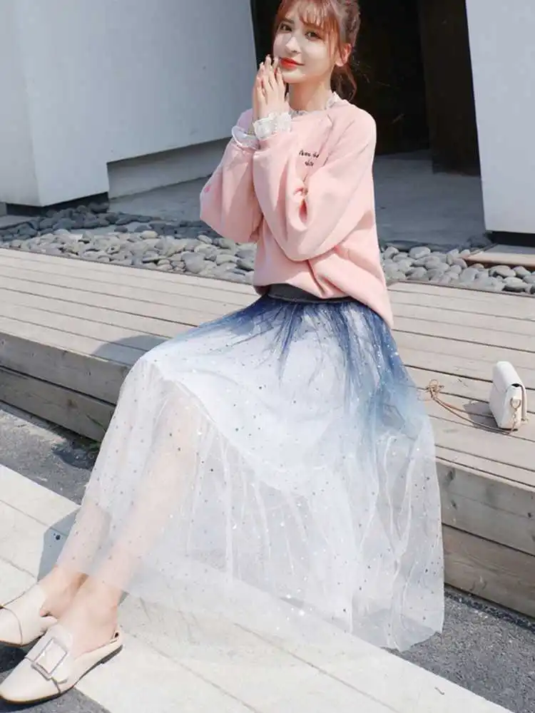 

Long Skirts Women Elastic High Waist Skirt Ladies Gradient Color Star Sequin Elastic Waist Mesh Star Tulle 2021summer Midi Skirt