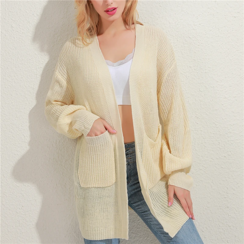 

2020 Cardigan Autumn Long Flare Sleeve Long Sweater Women Knitted Solid Tops Blue Apricot Ladies Soft Outwear Female