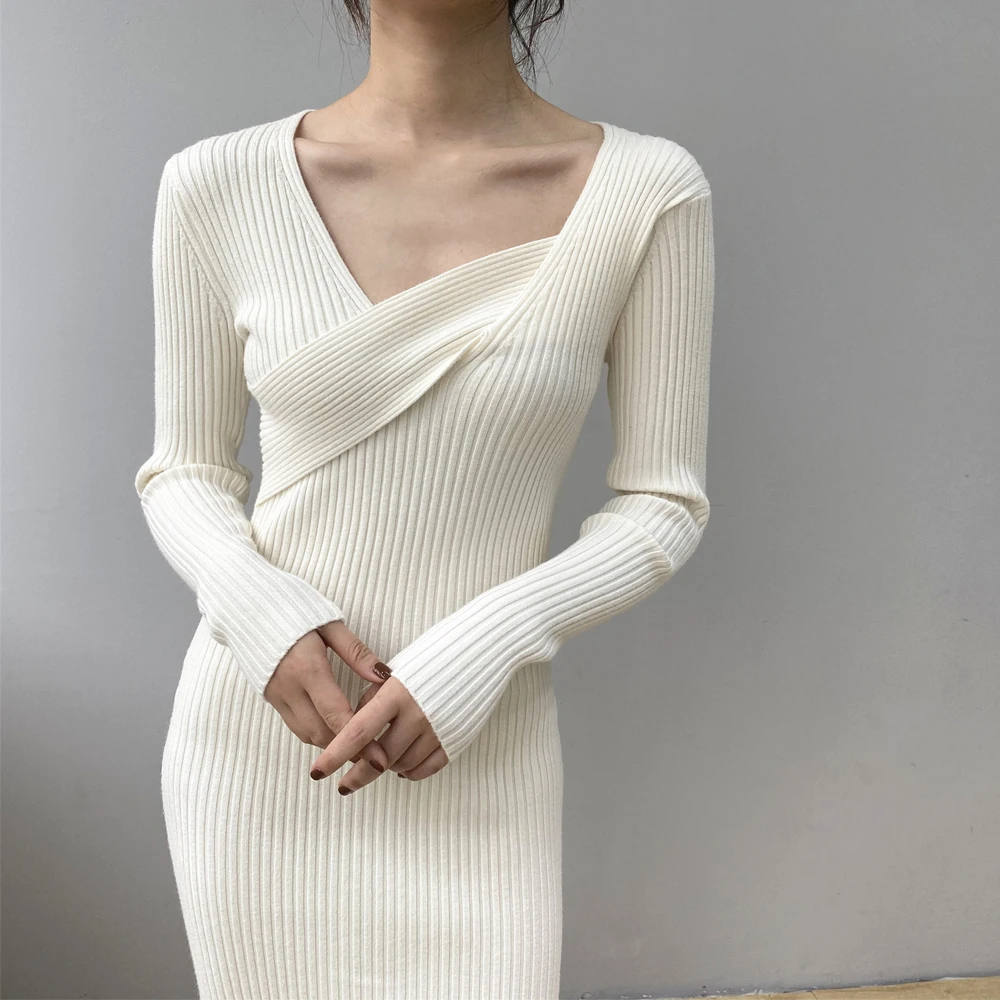 

2021 Spring V-Neck Long Sweater Oversize Stretch Slim Body Women High Quality Sexy Sweater Casual Women Pullovers Pull Femme