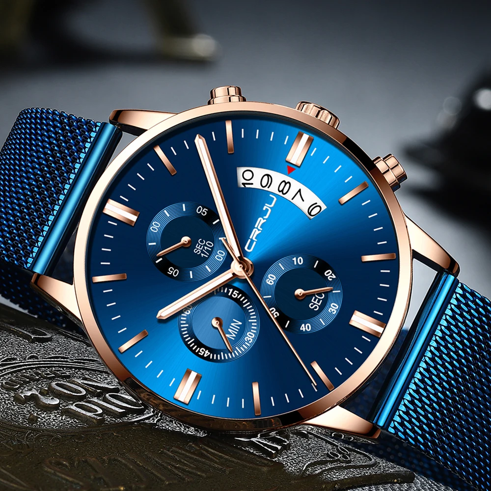 Часы CRRJU Мужские кварцевые с хронографом брендовые Роскошные водонепроницаемые