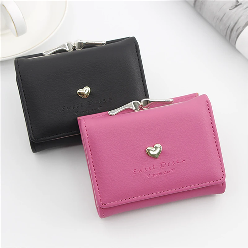 

2021 New Women Coin Purse Leather Solid Color Vintage Short Wallet Heart Hasp Ladies Girls Card Holder Clutch Bag