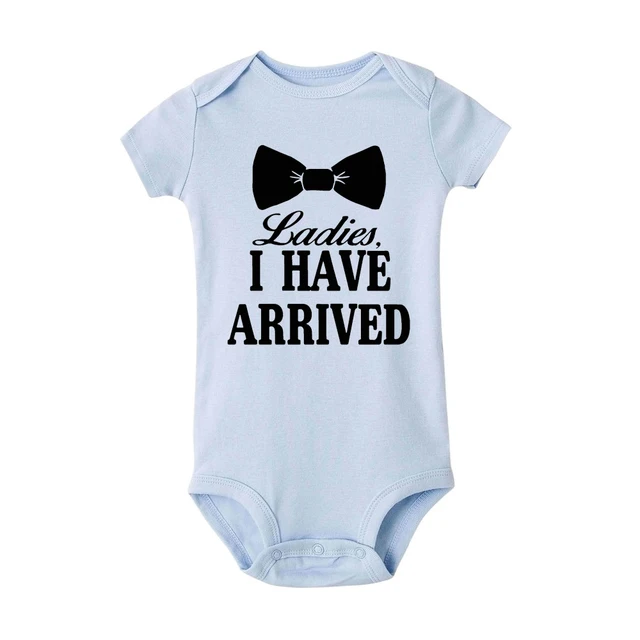 Ladies I Have Arrived Cravat Print Newborn Baby Boys Rompers Funny Announcement Bodysuits Short Sleeve Infant Jumpsuit Clothes images - 6