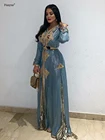 Кружевное Вечернее Платье-кафтан, мусульманское атласное платье-трапеция с длинным рукавом, грязно-синего цвета