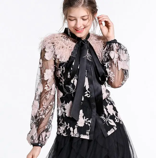 Прозрачные кружевные рубашки женские с цветочной вышивкой Кружевные блузы