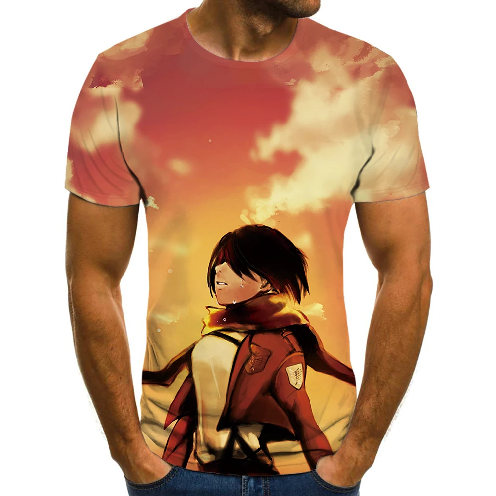 

American Fashion Men's Short Sleeve Latest Design Street Hip Hop Style Short Sleeve 3D Animation Attack On Titan Printed T-Shirt