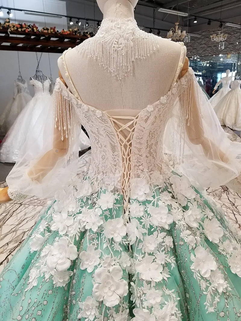 

BGW 31120ht Light Green Mothers Shiny Dress Long Puff Sleeve Sweetheart Brush Train Plus Size Petal Flowers Women Occasion Dress