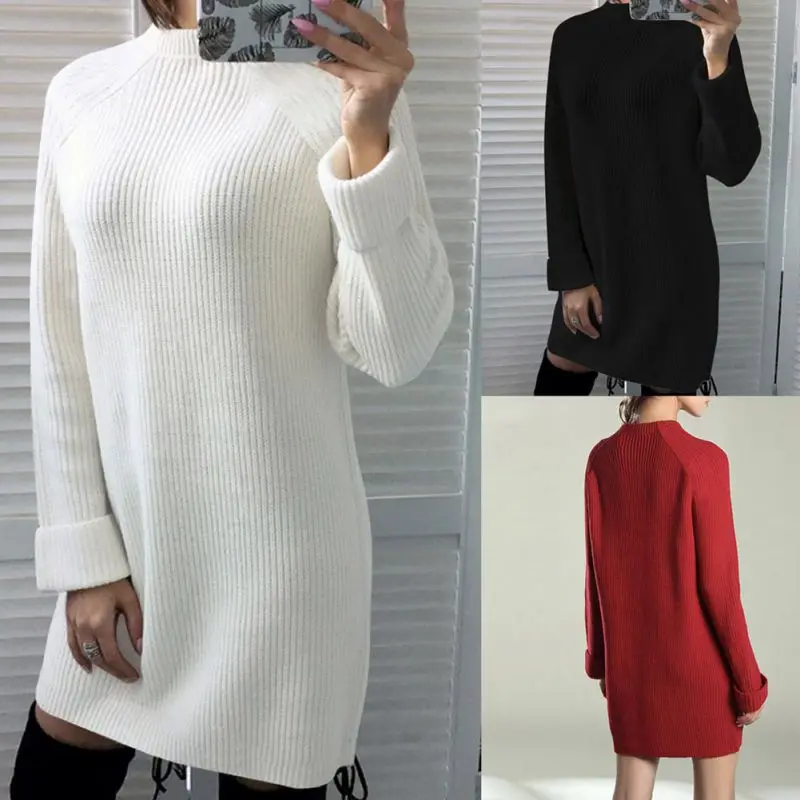 

Autumn Winter Sweater Sexy Round Neck Solid Color Plush Slim Long Sleeve Casual Long Breathable Tops Plus Size