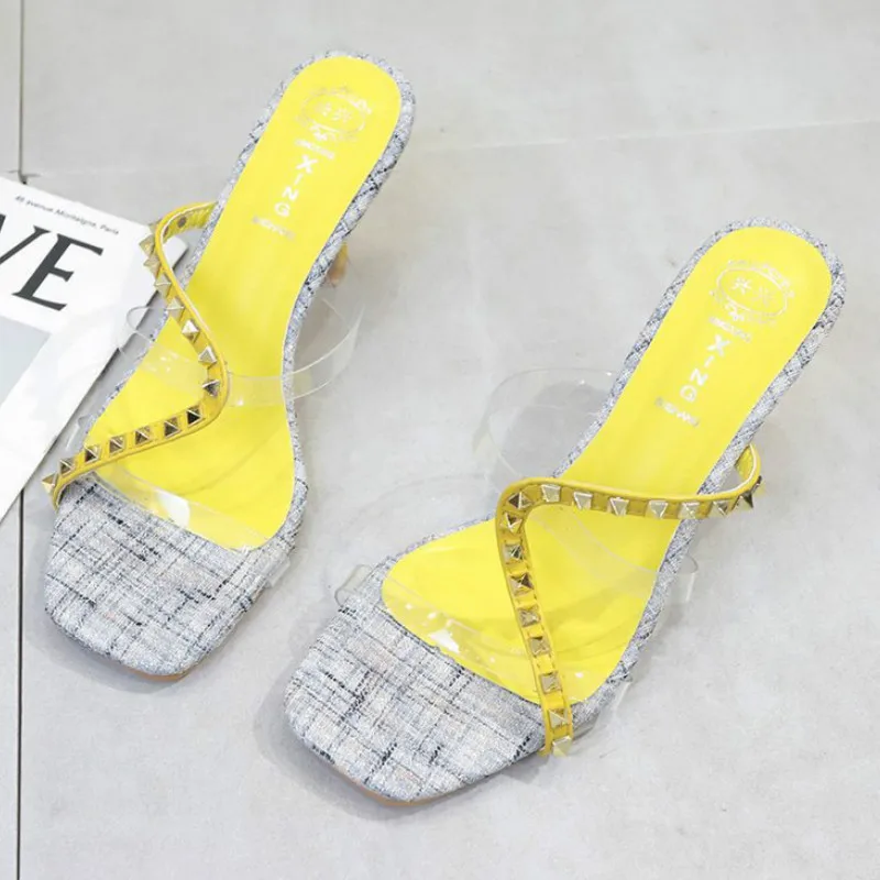 Summer New Sandals Fashion 2020 Rivet Transparent High Heel Slippers Outside Thin Heels Med (3cm-5cm) High Quality Mixed Colors