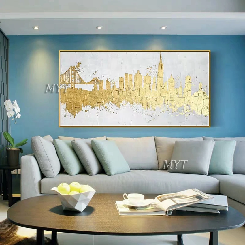 Большая абстрактная Золотая городская живопись маслом ручной работы картины на