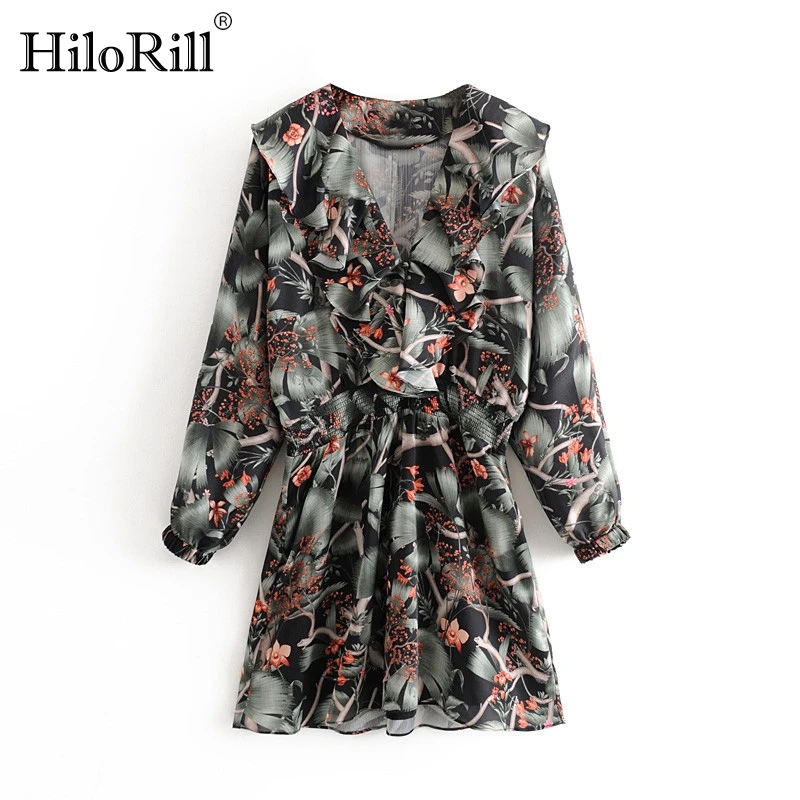 

HiloRill Boho Floral Print Mini Dress Women Batwing Long Sleeve A Line Dresses V Neck Ruffle Trim Female Dress Vestido Mujer