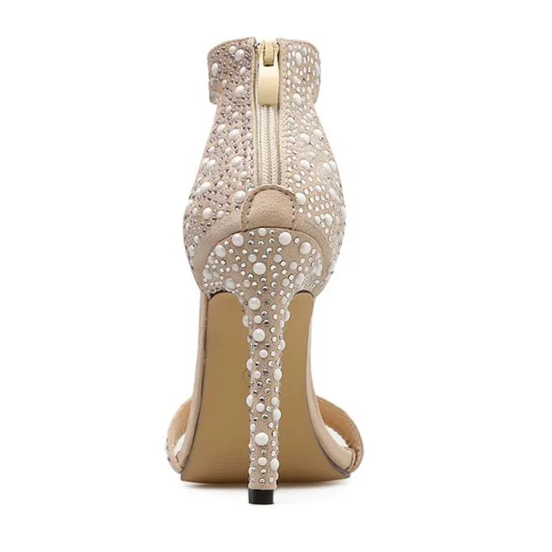 

New Fashion Sexy Women Sandals Pumps Summer Rhinestone Zipper Feather High Heel Apricot Women Wedding Pumps Shoes