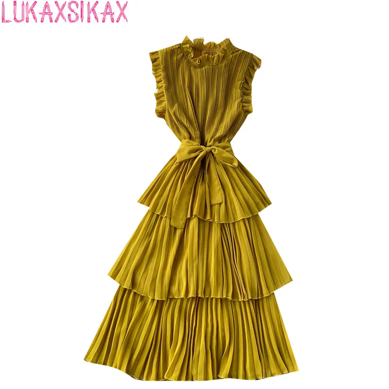 

LUKAXSIKAX 2022 New Summer Women Ruffled Neck Sleeveless Sashes Slim Dress Sweet Cake Hem Pleated Chiffon Dress