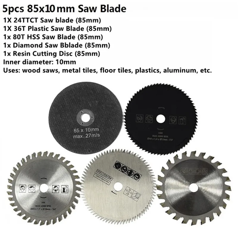 

5pcs 85mm Cutting Tool Wood Saw Blades for Multi-function Power Tool Circular Saw Blade Bore 10mm Wood Cutting Disc