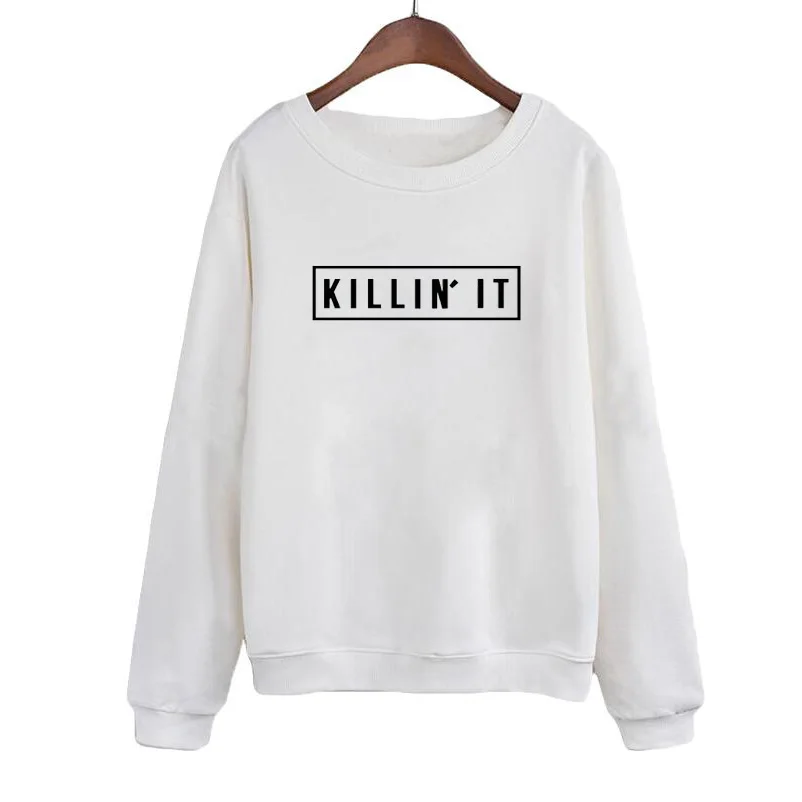 

Women Black White O-neck Hoodies Pullover Tops Spring Long Sleeve Sweatshirt KILLIN'IT Letters Print Casual Tracksuit