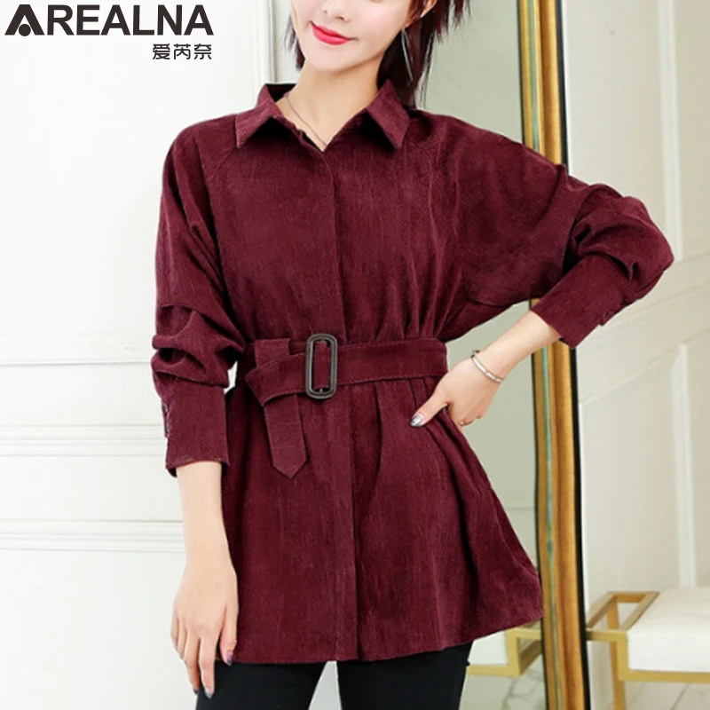 

Corduroy blouse women long shirt sash high street Female plus size Loose solid long sleeve Jacket vintage Cardigan Tops blusas
