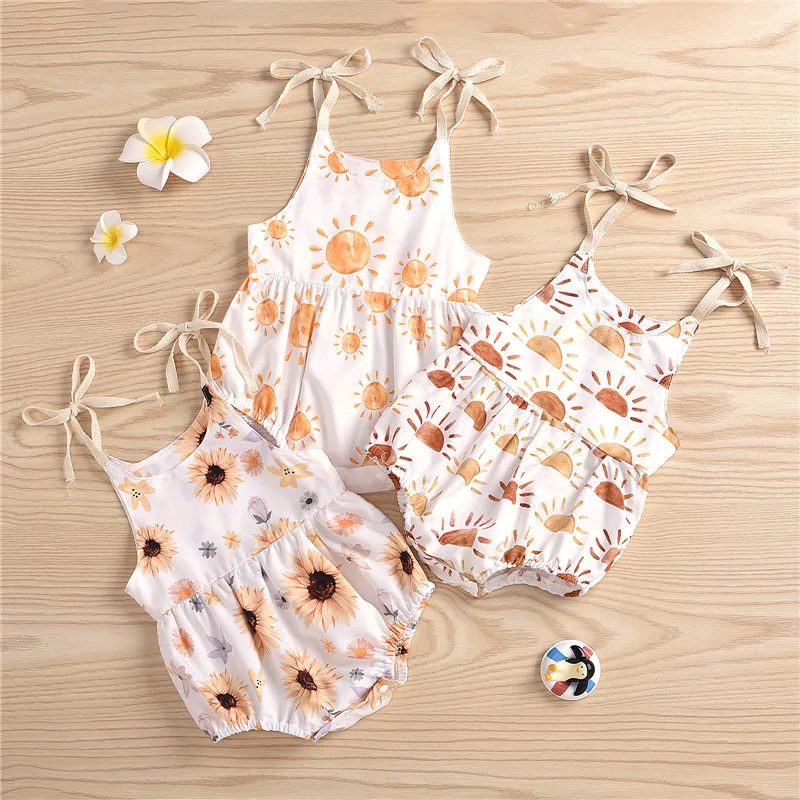 

Fashion Newborn Baby Girl Clothes Flower Print Backless Lace-up Sling Romper Baby Girls Cotton Jumpsuit One-Piece Sunsuit