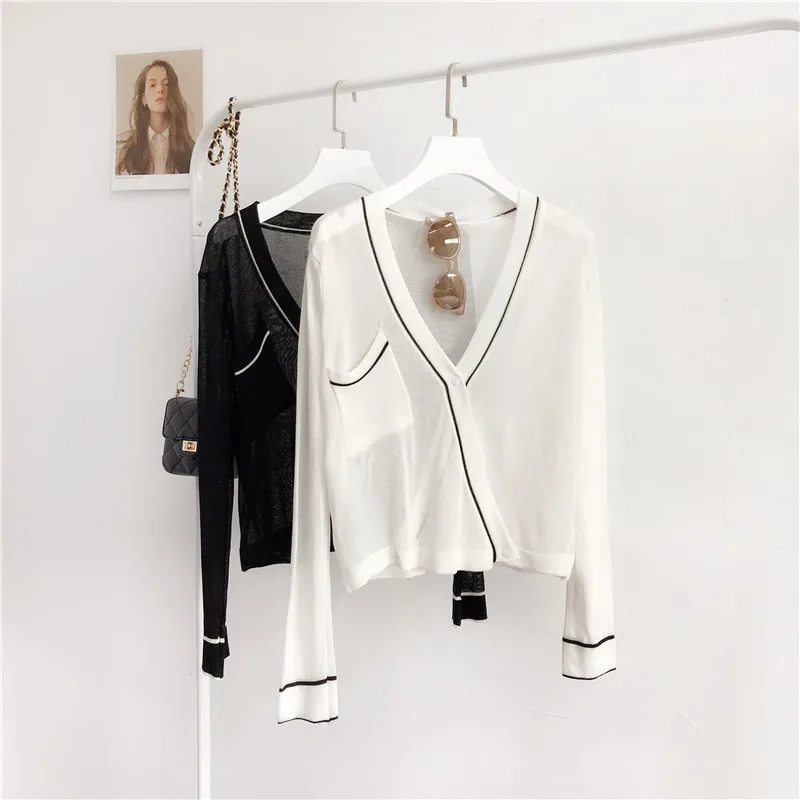 Женское прозрачное трикотажное пальто черный белый тонкий кардиган с v образным