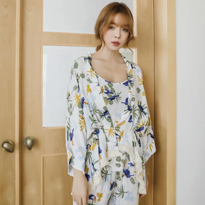 

Hasfia 3 Piece Set Spring & Summer Pajamas Suit Womens Casual Printed Leaf Viscose Nightwear Ladies Rayon Comfort Sling Raglan