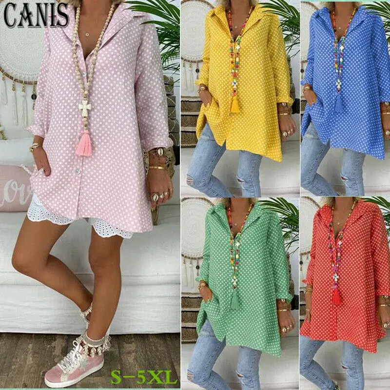 Модная женская летняя Свободная Повседневная блузка в горошек рубашка с длинным