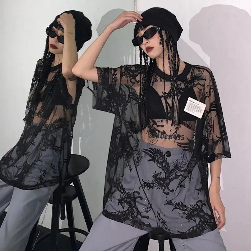 

Summer Sexy Mesh T Shirts Women Lace See Through Oversize Mesh Tops Semitransparent Gothic E Girl T-shirt Streetwear 90s
