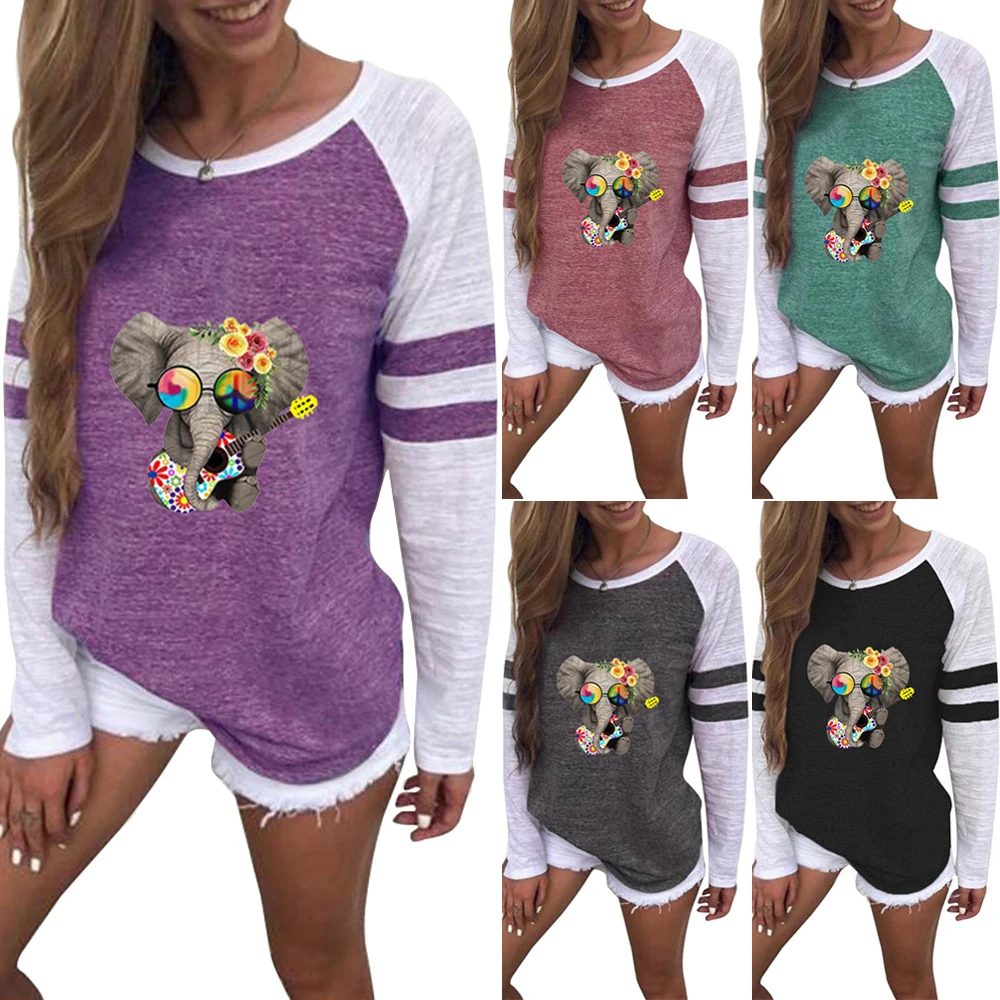 

Female T-shirt 2020 Plus Size Elepant Animal Printed T shirt O-neck Loose Top Patchwork Long Sleeve Autumn clothes for Women
