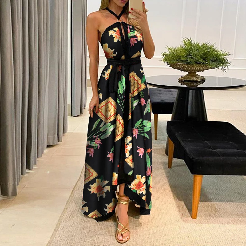 

2021 Summer Lady Elegant Sleeveless High Slit Party Dress Sexy Off Shoulder Halter Long Dress Women Fashion Retro Print Vestido