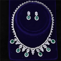 hot sale jewelry women bridal wedding costume elegant girl trendy green color water drop earring pendant necklace set lady