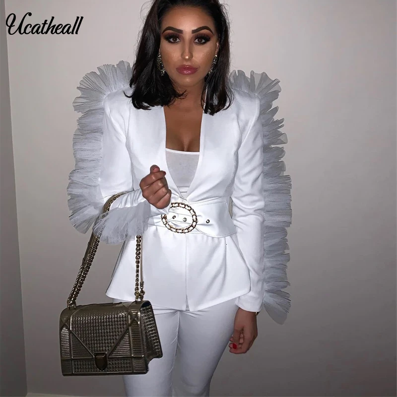 Женский элегантный костюм двойка с v образным вырезом осенняя куртка кружевным