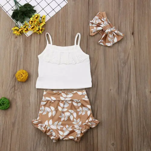 Conjunto de verano de 3 piezas para ni&ntilde;os y ni&ntilde;as, Top con tirantes de encaje, manga corta, pantalones cortos estampados y Diadema con lazo estampado-2