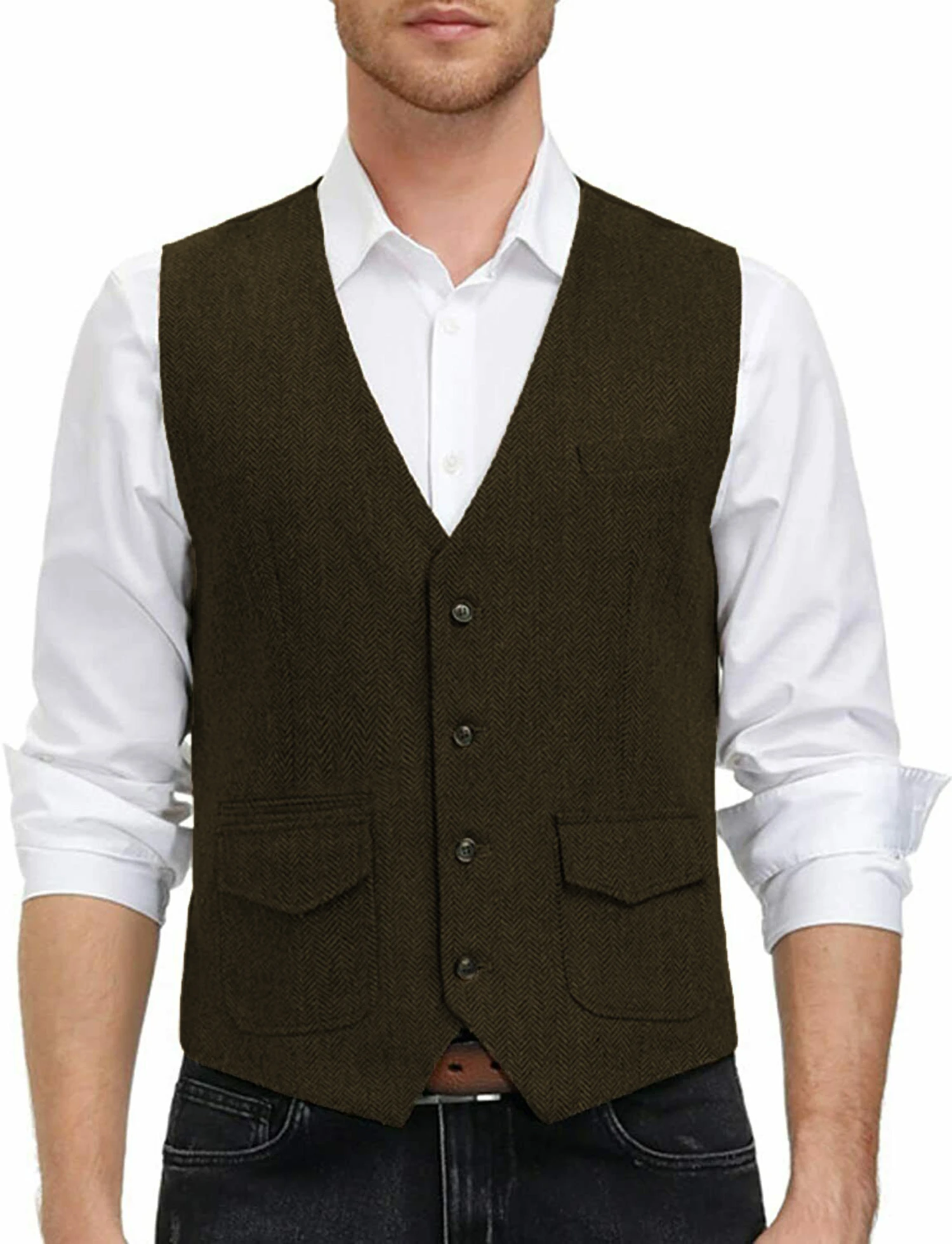 Men's Vest Brown Wool Herringbone V Neck Two Pockets Black Waistcoat Casual Formal Business Groomman For Wedding Dress 2021 | Мужская