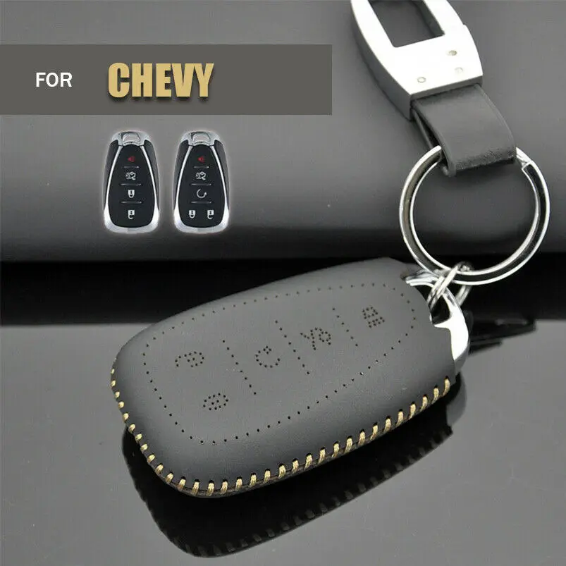 

Handmade Genuine Leather Car Key Fob Case Cover Holder For Chevy Camaro Malibu Cruze Spark Volt