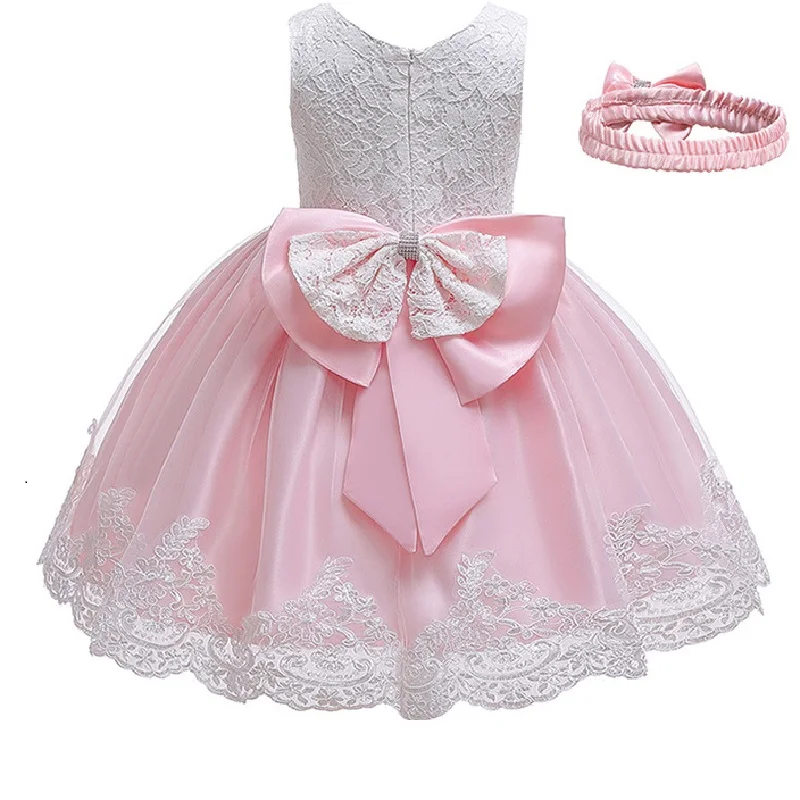 2021 летнее платье для маленьких девочек кружевное розовое с большим бантом