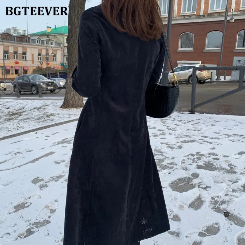 

BGTEEVER Autumn Winter Thicken Turn-down Collar Corduroy Dress Women Casual Single-breasted Belted A-line Vestidos Femme
