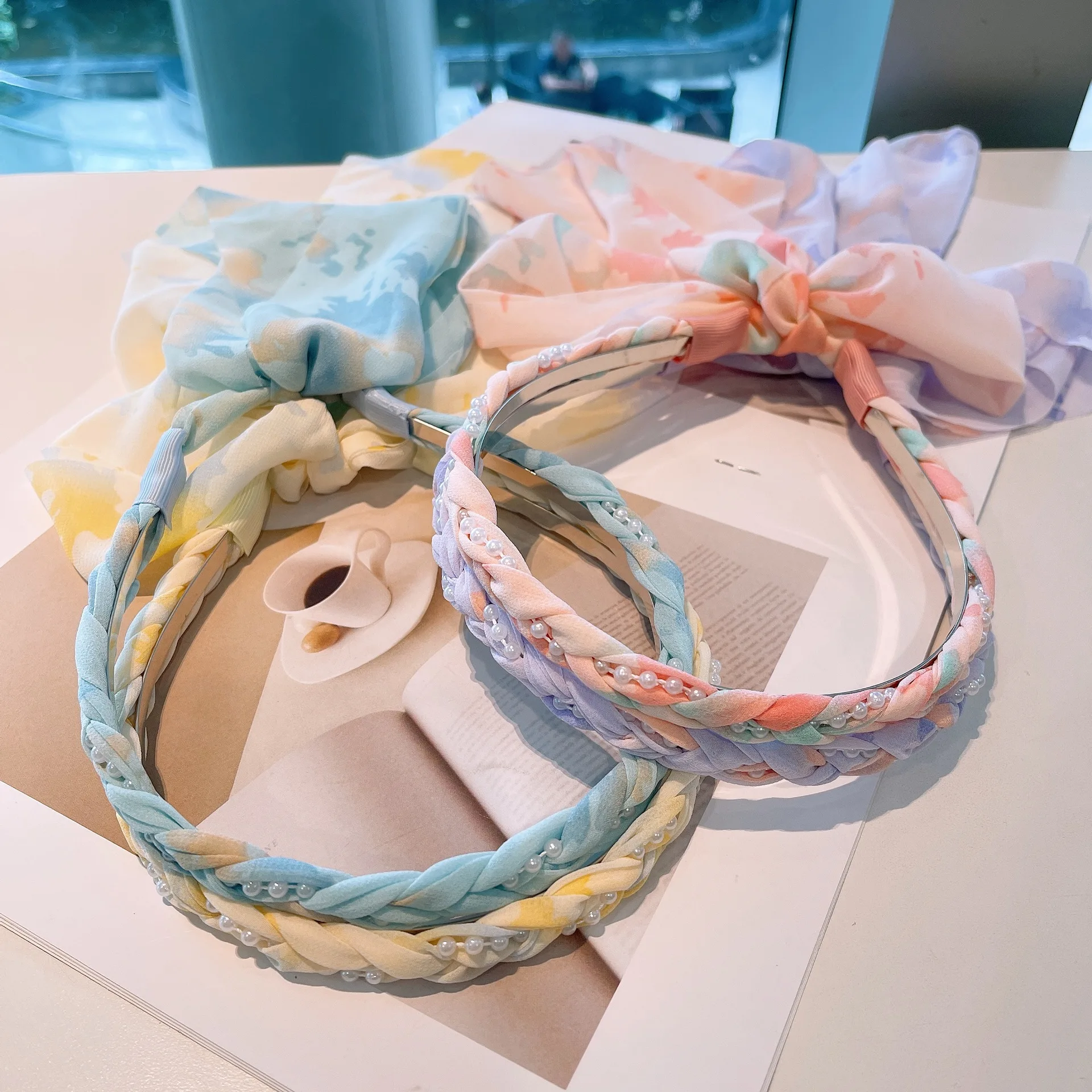 Сетчатая пряжа жемчужная шпилька для волос чернильная роспись широкополая лента