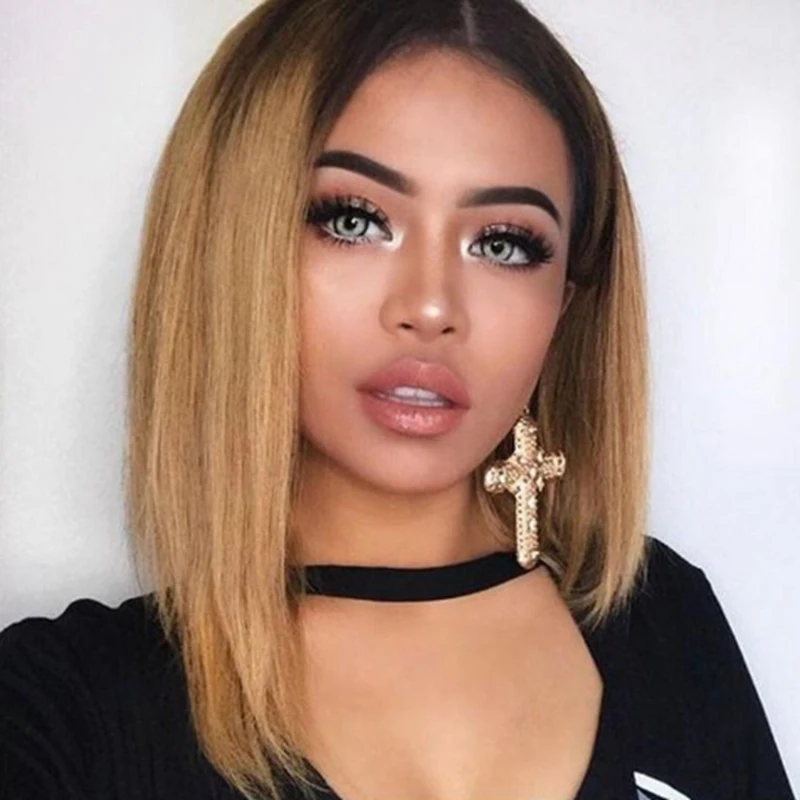 Короткий парик блонд Боба для женщин бесклеевой синтетический фронта черного Ombre